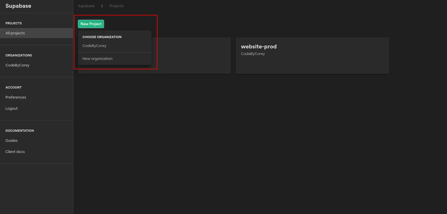 Create a new project in Supabase screenshot