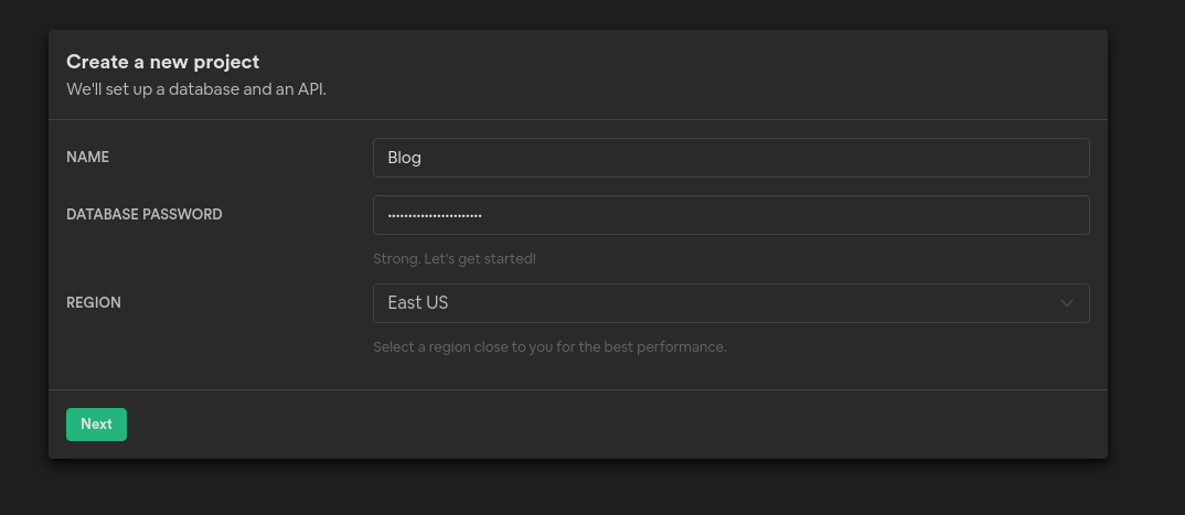 Set the name and password for your database screenshot