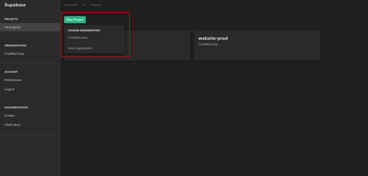 Create a new project in Supabase screenshot